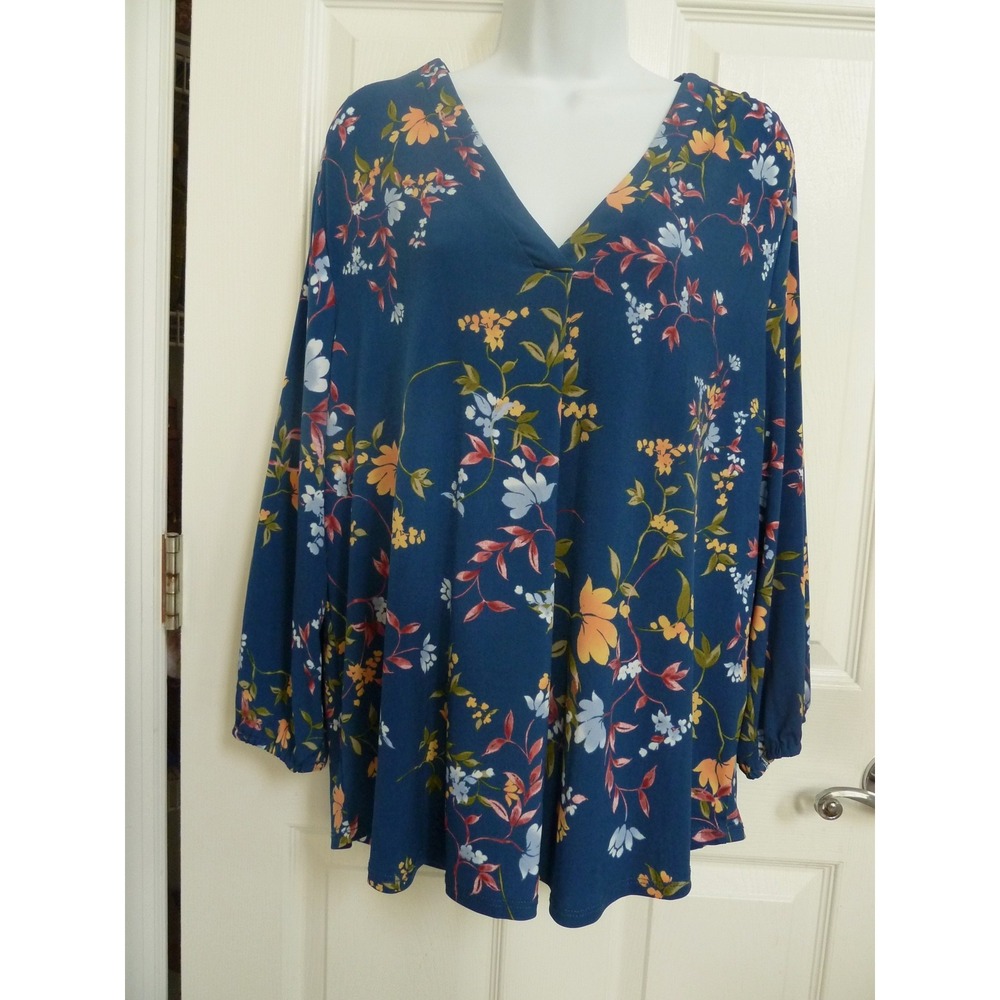 Two by Vince Camuto Blue Floral V-Neck Blouse XL Gathered Back Long Sleeve Top